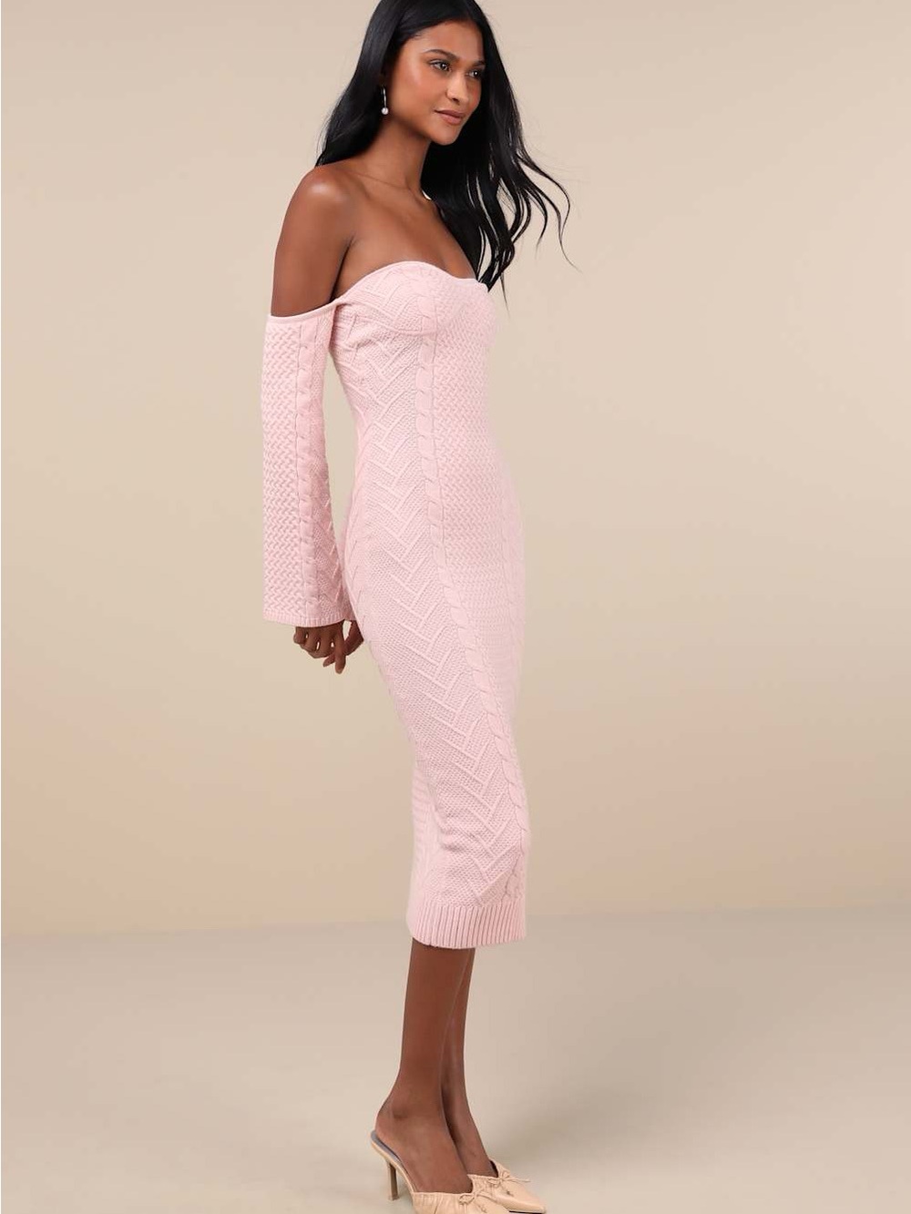 NWT Lulu's Soft Blush Pink Cable-Knit Sweater Dress - Picture 3 of 7